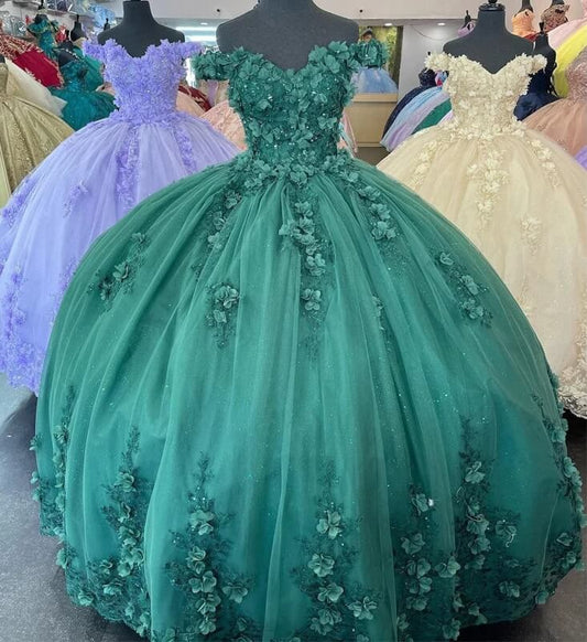 Vestidos De Quinceañera Verdes Vestidos De Apliques De Flores 3D De 15 Años