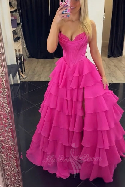 Hot Pink A Line Sweetheart Chiffon Corset Tiered Long Prom Dress GP798
