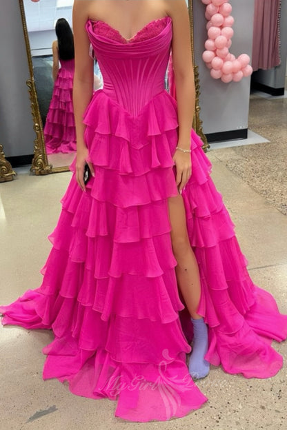 Hot Pink A Line Sweetheart Chiffon Corset Tiered Long Prom Dress GP798