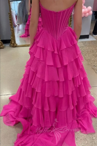 Hot Pink A Line Sweetheart Chiffon Corset Tiered Long Prom Dress GP798
