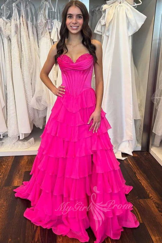 Hot Pink A Line Sweetheart Chiffon Corset Tiered Long Prom Dress GP798
