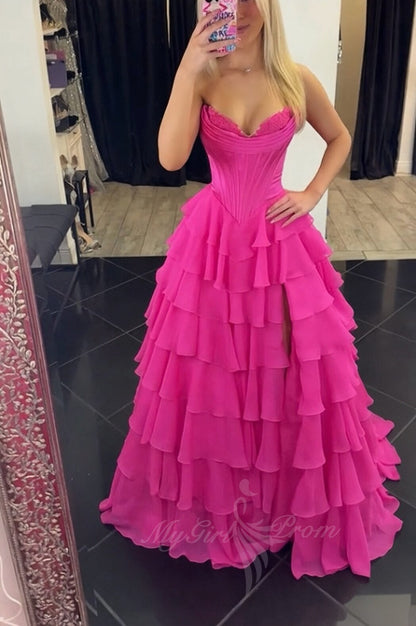 Hot Pink A Line Sweetheart Chiffon Corset Tiered Long Prom Dress GP798