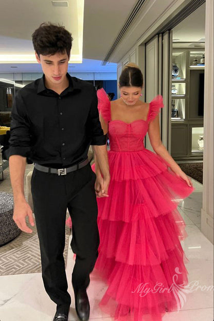 Hot Pink Layered Tulle Prom Dresses Long Formal Evening Dress GP470
