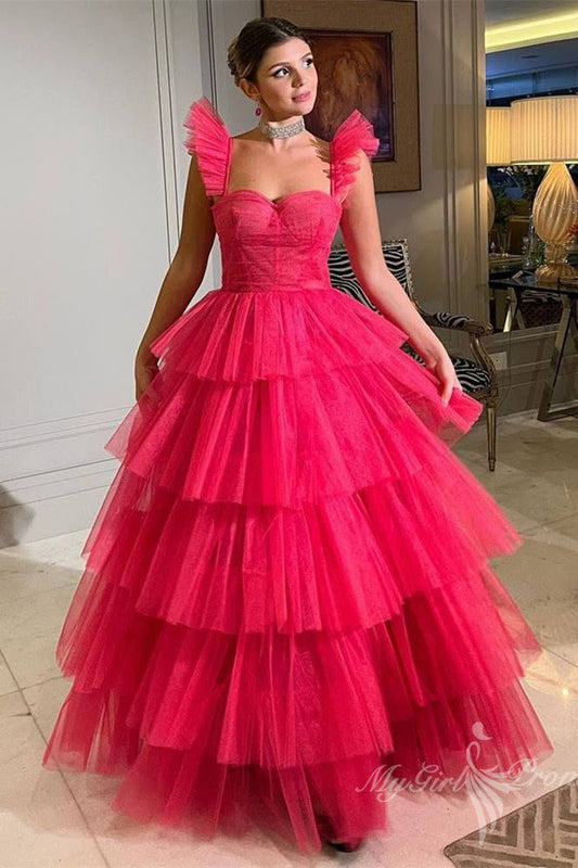 Hot Pink Layered Tulle Prom Dresses Long Formal Evening Dress GP470