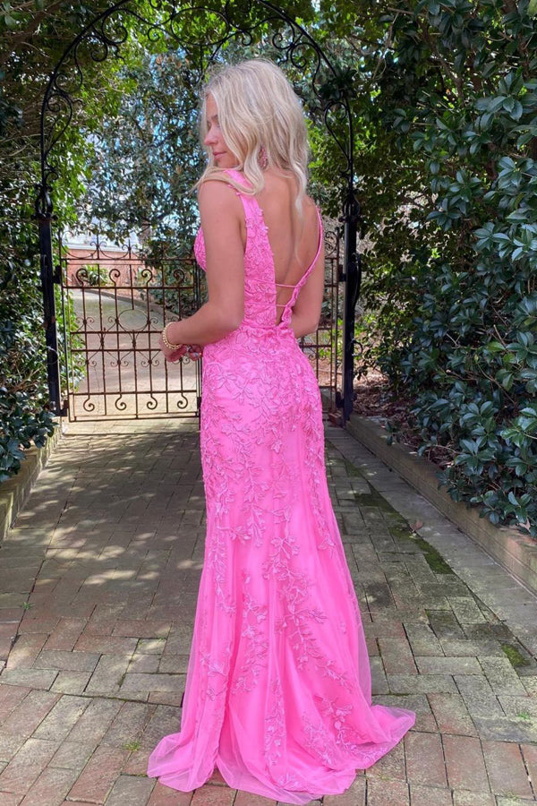 Mermaid Tulle V-neck Prom Dress With Lace Appliques, Pink Graduation Gown GP617