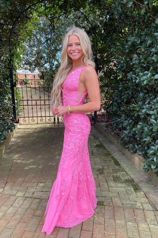 Mermaid Tulle V-neck Prom Dress With Lace Appliques, Pink Graduation Gown GP617