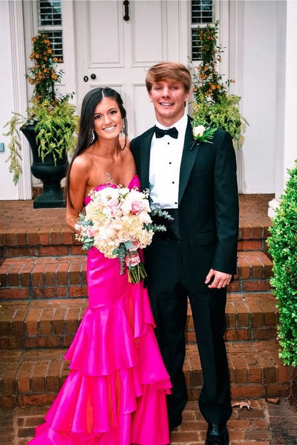 Hot Pink Satin Mermaid Prom Dresses Long Evening Gowns With Tiered GP352