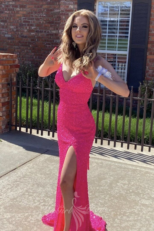 Hot Pink Sequin Long Prom Dresses Sparkly Mermaid Slit Evening Gowns GP597