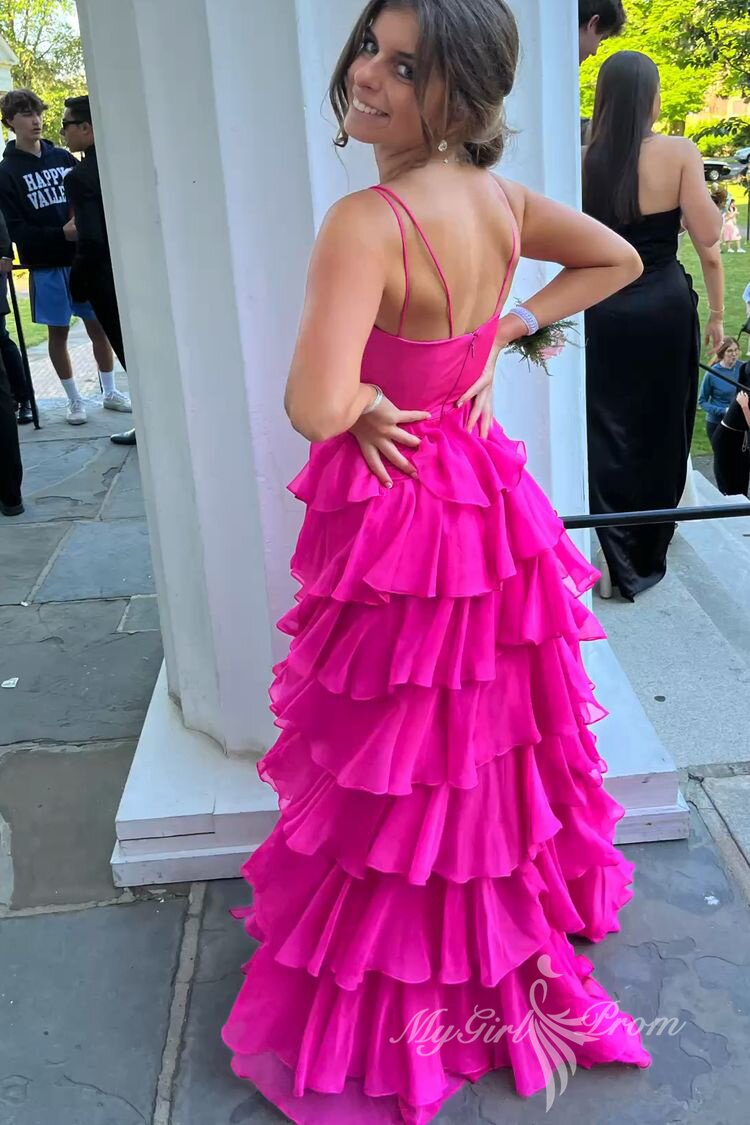 Hot Pink Spaghetti Straps Tiered Long Prom Dress Chiffon Graduation Dress GP455