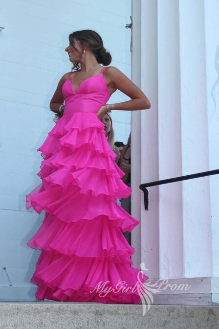 Hot Pink Spaghetti Straps Tiered Long Prom Dress Chiffon Graduation Dress GP455