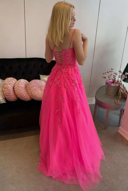 A-line Hot Pink Tulle Lace Appliques Prom Dresses, Long Evening Dresses GP357