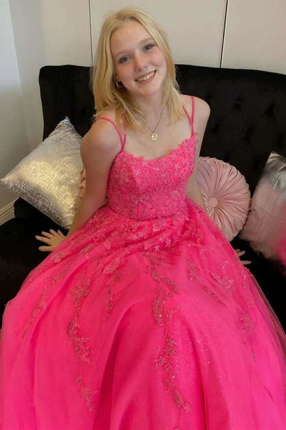 A-line Hot Pink Tulle Lace Appliques Prom Dresses, Long Evening Dresses GP357