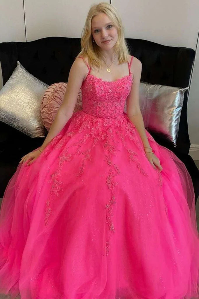 A-line Hot Pink Tulle Lace Appliques Prom Dresses, Long Evening Dresses GP357
