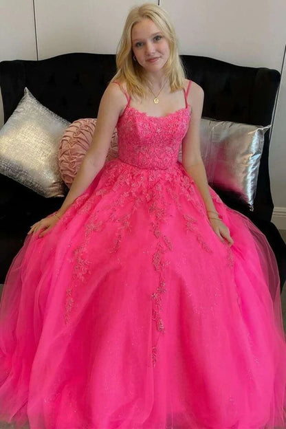 A-line Hot Pink Tulle Lace Appliques Prom Dresses, Long Evening Dresses GP357