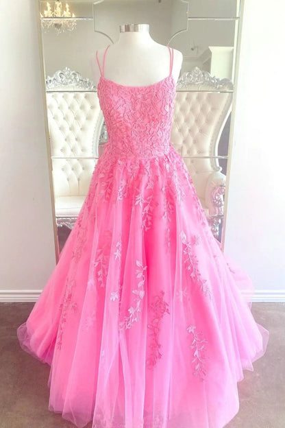 A-line Hot Pink Tulle Lace Appliques Prom Dresses, Long Evening Dresses GP357
