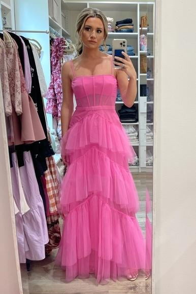 Princess Hot Pink Long Prom Dress Layered Tulle Sleeveless Corset Gown, GP190