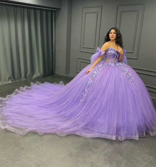 Purple Ball Gown Off the Shoulder Beaded 3D Flowers Sweet 16 Dress Girls Party Gowns vestidos de quinceañera SH3267