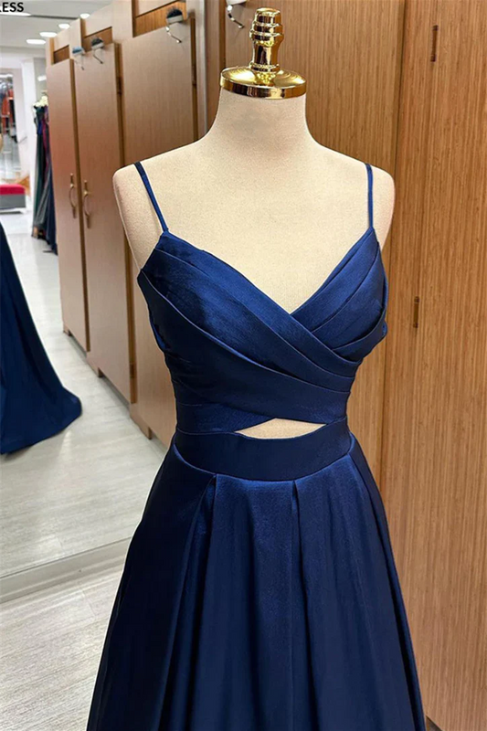Simple Royal Blue Pleated Straps Cut-Out Satin Long Prom Dress GP526