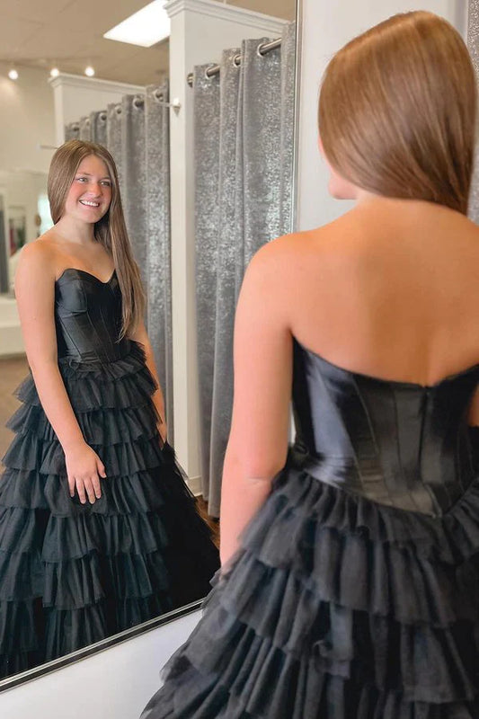 Black Strapless Princess Layered Prom Dress, Black Evening Gown with Slit GP534