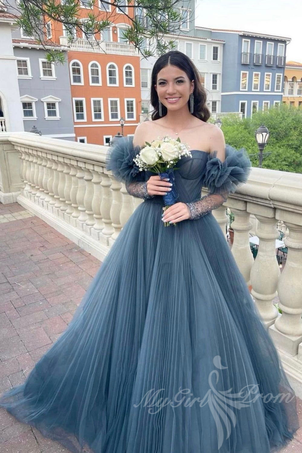 Dusty Blue Tulle Prom Dress Long Sweetheart Off Shoulder Formal Gown GP583