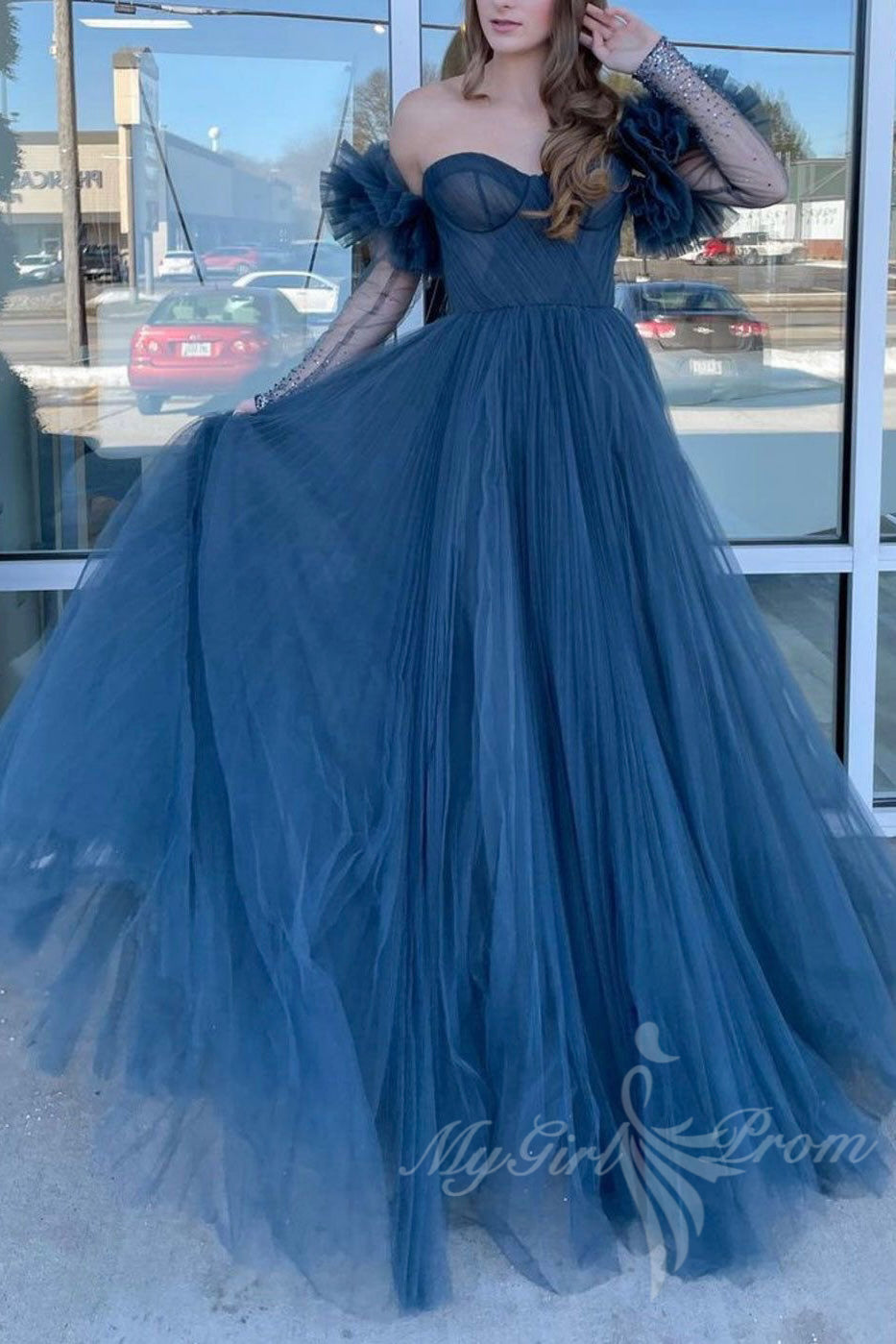 Dusty Blue Tulle Prom Dress Long Sweetheart Off Shoulder Formal Gown GP583