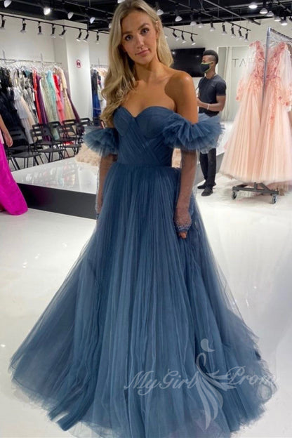 Dusty Blue Tulle Prom Dress Long Sweetheart Off Shoulder Formal Gown GP583