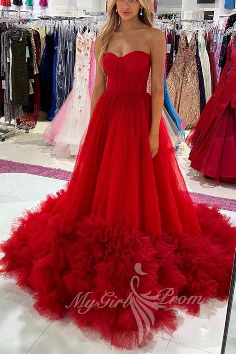 Princess Red Tulle Sweetheart Long Prom Dress, Elegant Formal Gown GP587