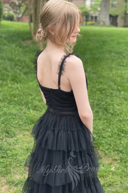 Princess V-Neck Black Tulle A-Line Layered Prom Dress, Long Formal Gown GP598