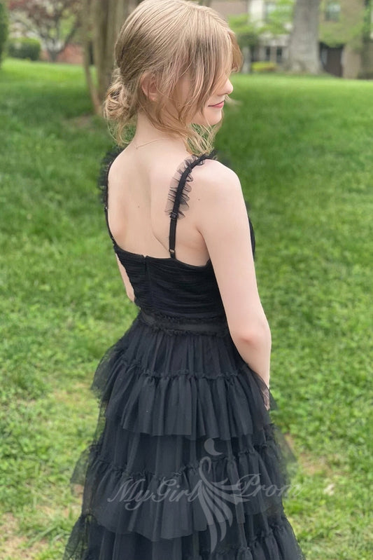 Princess V-Neck Black Tulle A-Line Layered Prom Dress, Long Formal Gown GP598