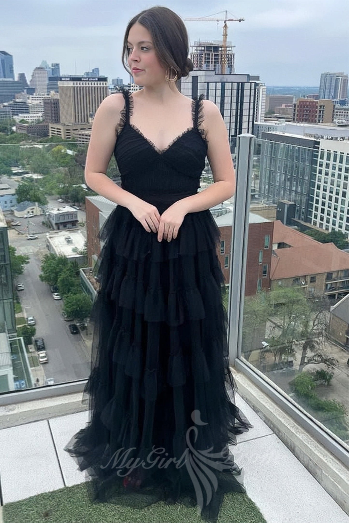 Princess V-Neck Black Tulle A-Line Layered Prom Dress, Long Formal Gown GP598