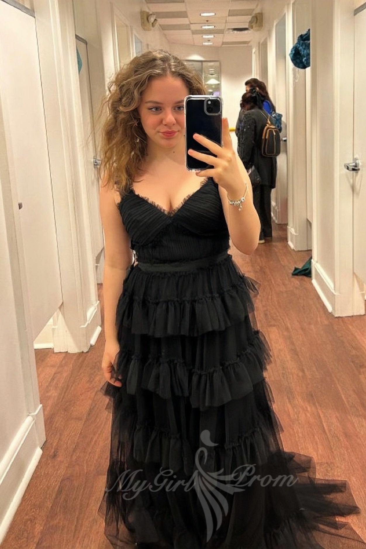 Princess V-Neck Black Tulle A-Line Layered Prom Dress, Long Formal Gown GP598