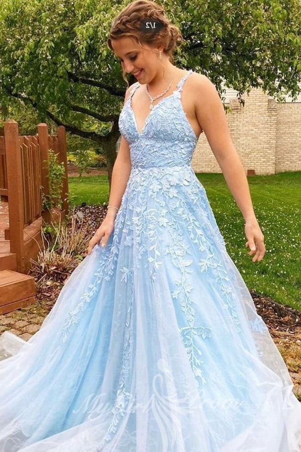 A-Line V-Neck Sleeveless Light Sky Blue Prom Dresses With Applique GP85