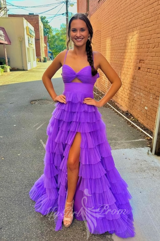 Straps Keyhole Purple Tulle Layered Prom Dresses, Princess Long Formal Gown GP600