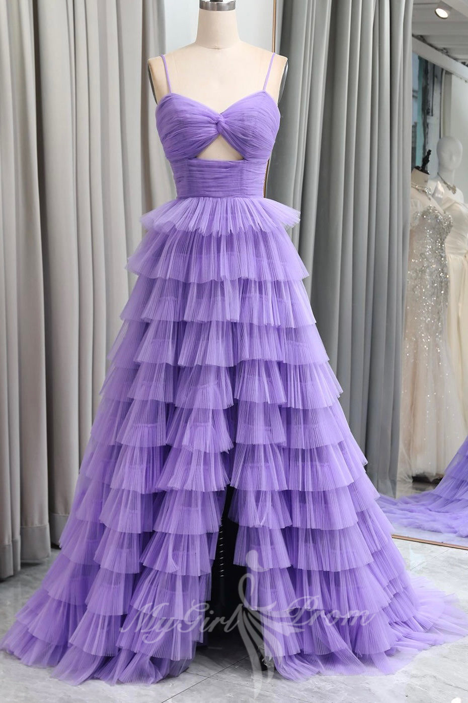 Straps Keyhole Purple Tulle Layered Prom Dresses, Princess Long Formal Gown GP600