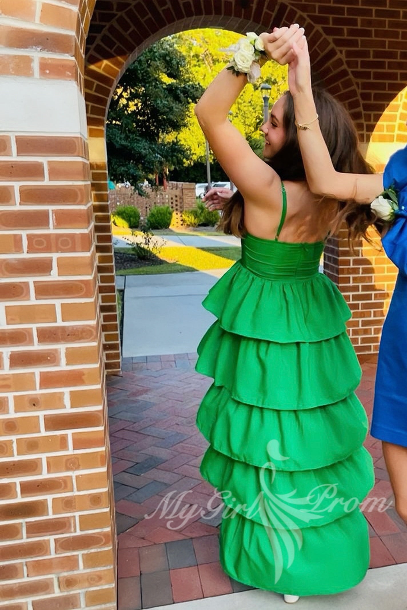 Green Cup Strappy Tiered Chiffon Maxi Dress, Preppy Long Prom Dress GP601