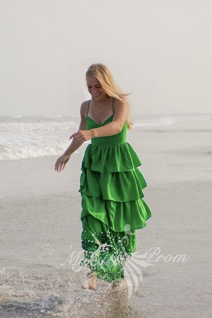 Green Cup Strappy Tiered Chiffon Maxi Dress, Preppy Long Prom Dress GP601