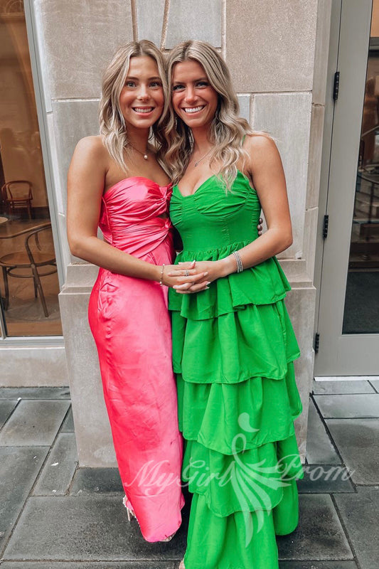 Green Cup Strappy Tiered Chiffon Maxi Dress, Preppy Long Prom Dress GP601