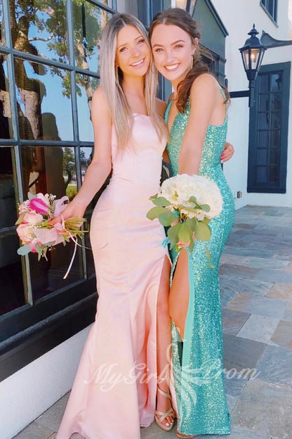 Simple Strapless Pink Satin Mermaid Prom Dresses, Slit Preppy Party Dress GP602