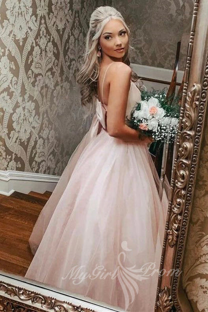 Pink Bowknot Back A-line Long Prom Dress, Elegant Pink Evening Dress GP604