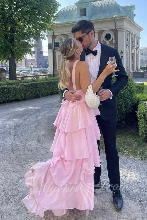 Halter Ruffled Pink Prom Dress, Chiffon Layered Preppy Maxi Dress GP607