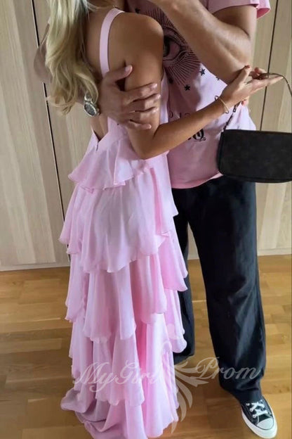 Halter Ruffled Pink Prom Dress, Chiffon Layered Preppy Maxi Dress GP607