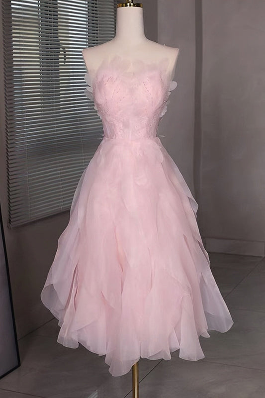 Princess Pink Beaded Ruffle Short Prom Dress Organza Homecoming Dress GP701