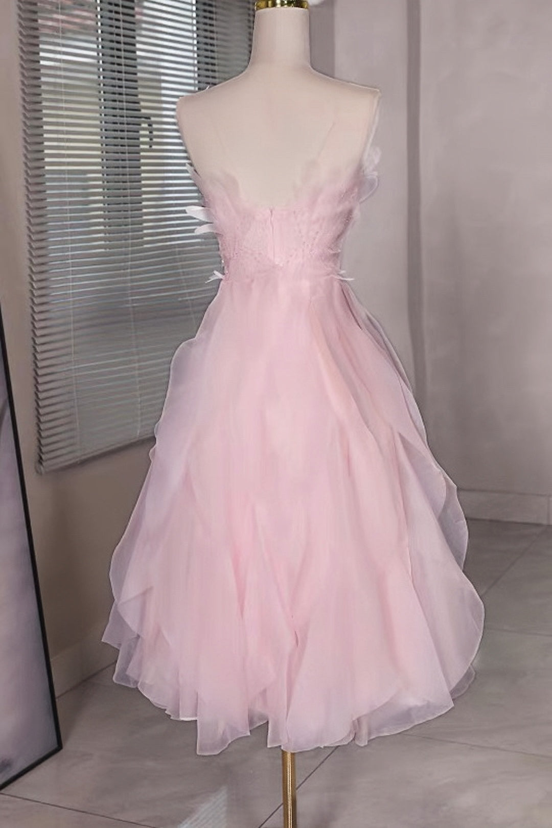 Princess Pink Beaded Ruffle Short Prom Dress Organza Homecoming Dress GP701