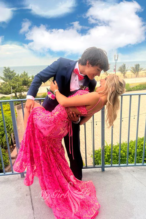 Elegant Hot Pink Prom Dress Embellishments Mermaid Slit Formal Gown GP777