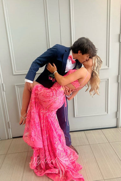 Elegant Hot Pink Prom Dress Embellishments Mermaid Slit Formal Gown GP777