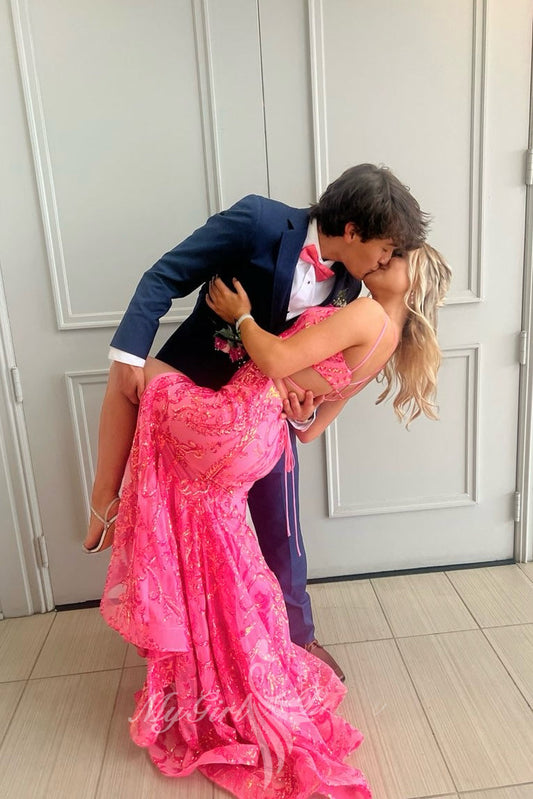 Elegant Hot Pink Prom Dress Embellishments Mermaid Slit Formal Gown GP777