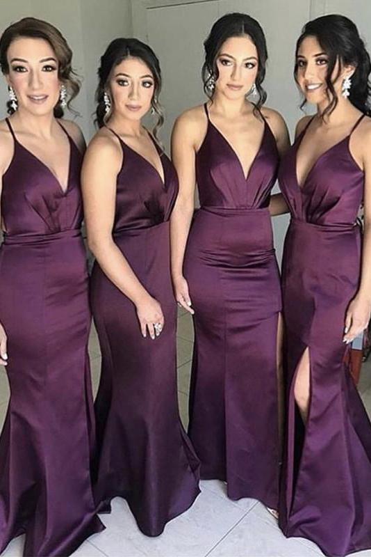 Purple Elastic Satin V-neck Mermaid Prom Dress Long Bridesmaid Dresses PB119