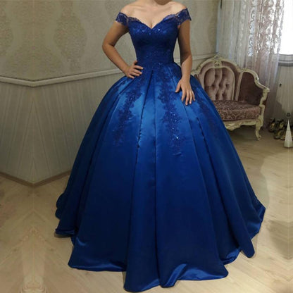 Vestidos de quinceañera de satén azul real con escote en V y hombros descubiertos