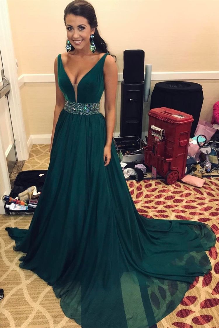 Vestidos de fiesta de gasa con escote en V profundo y cola larga, con fajas de cuentas y vestidos de noche