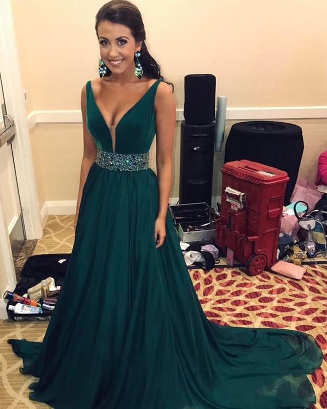 Vestidos de fiesta de gasa con escote en V profundo y cola larga, con fajas de cuentas y vestidos de noche